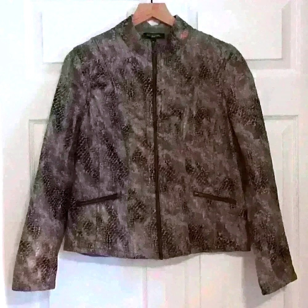 Notations Womens Jacket Brown Size PM Reversible Snakeskin Tweed Zip Mock Neck